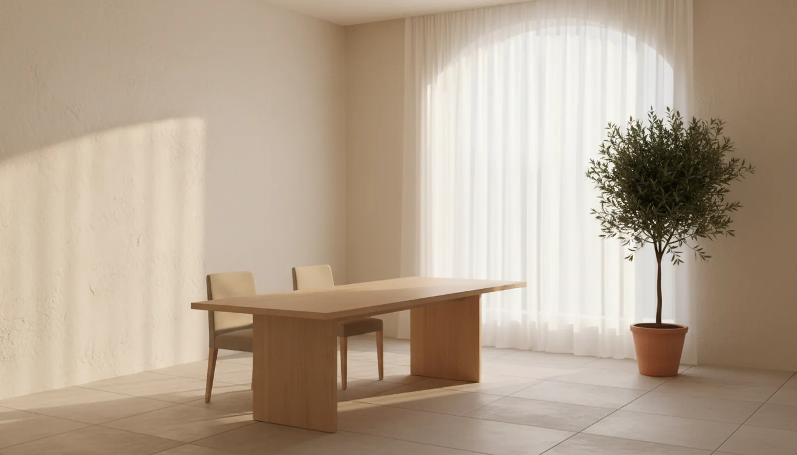 A bright, minimalist studio with cream walls, a pale oak table and soft afternoon light.