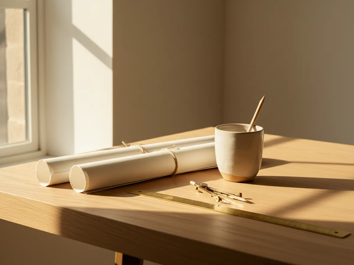 An oak desk with rolled drawings, a brass ruler and a ceramic cup in warm light.